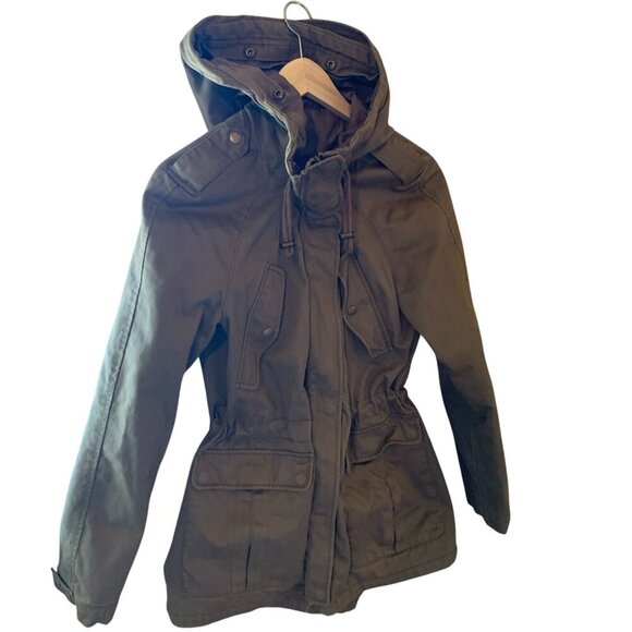 Olive Green Hooded Chore Barn Jacket LG Pockets Snaps 2 Zippers Draw String S-M - Picture 10 of 16